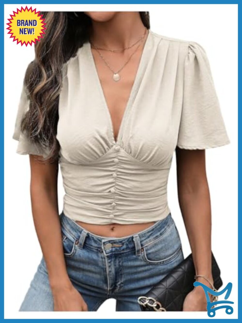 Women's Ruffle V Neck Chiffon Cropped Blouse Smocked Waist